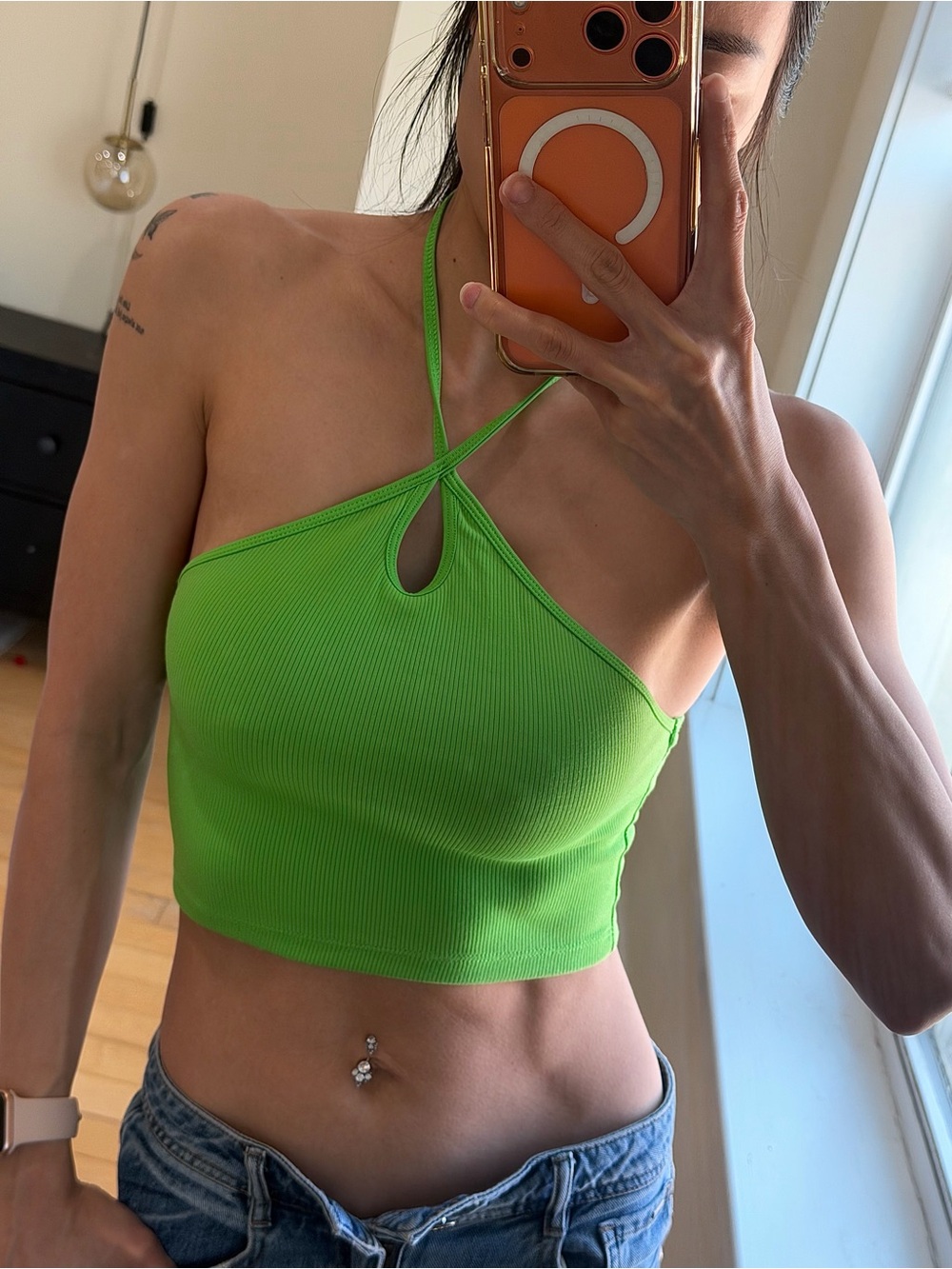 Zara Lime Green Ribbed Halter Crop Top